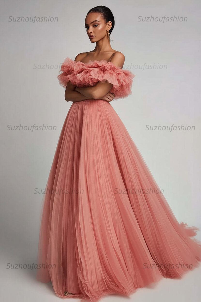 Dusty Sage Prom Dress Tulle A Line Long Formal Dress With Ruffles
