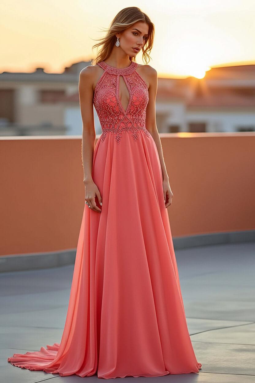 Beaded Navy Wedding Guest Dress Halter Long Formal Dress With Embroideries