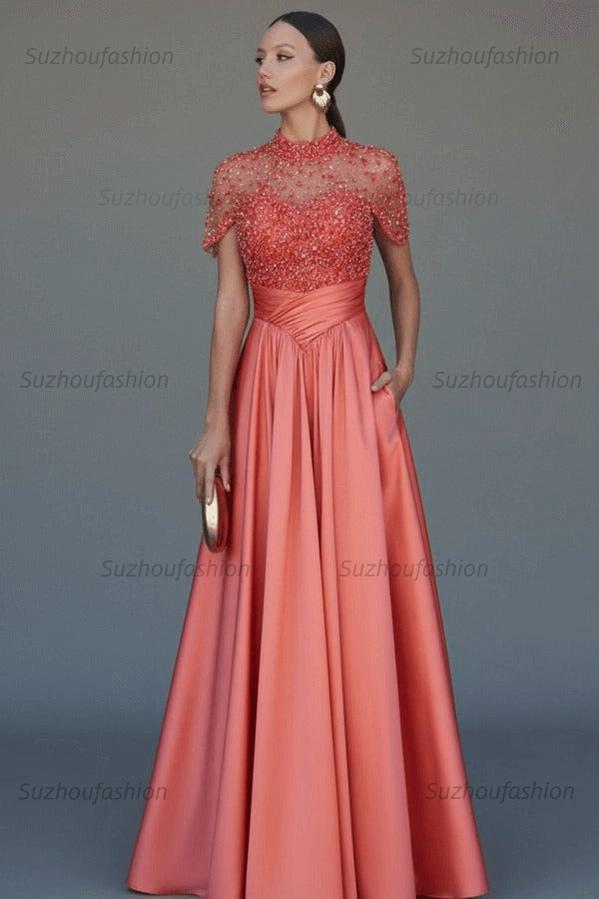 High Neck Short Sleeves Long Evening Formal Dress With Beading Pockets