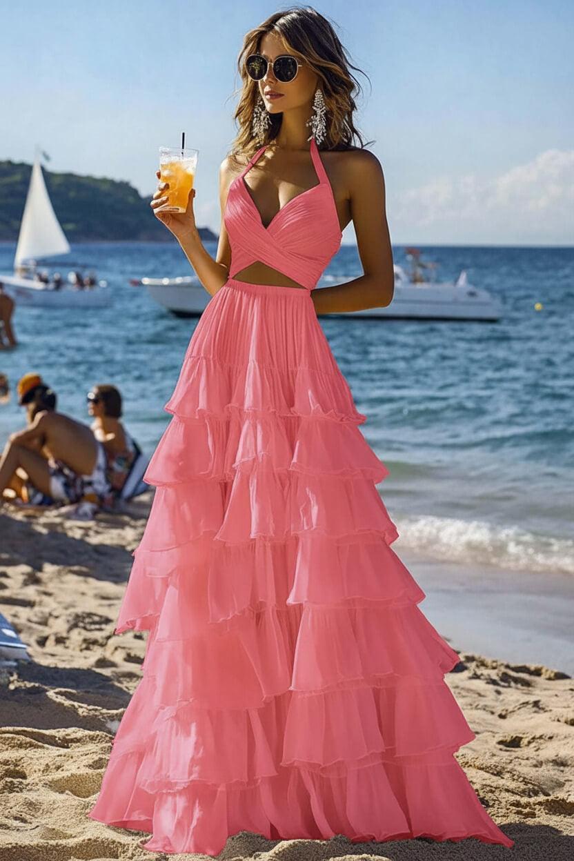 Halter Tiered White 2 Piece Ruffled Formal Dress
