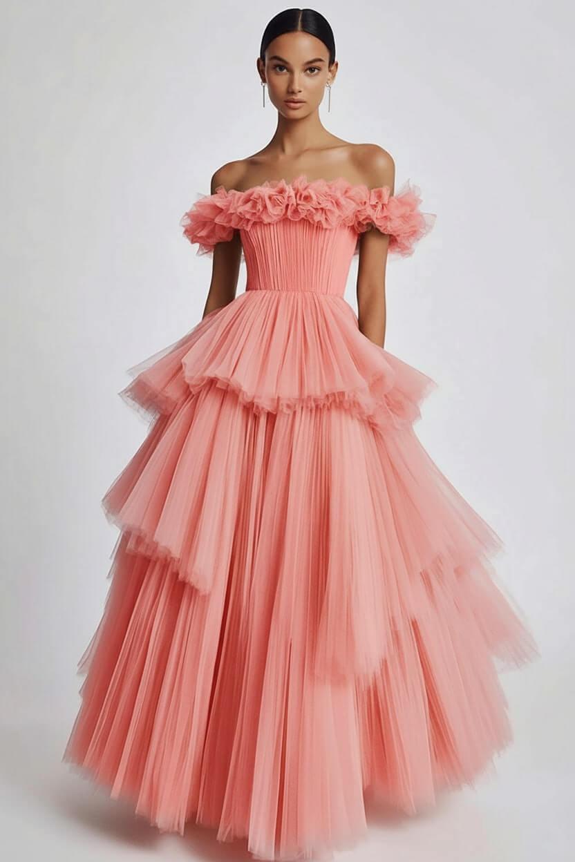 Dusty Sage Prom Dress Tulle Off The Shoulder Ball Gown Formal Dress With Ruffles