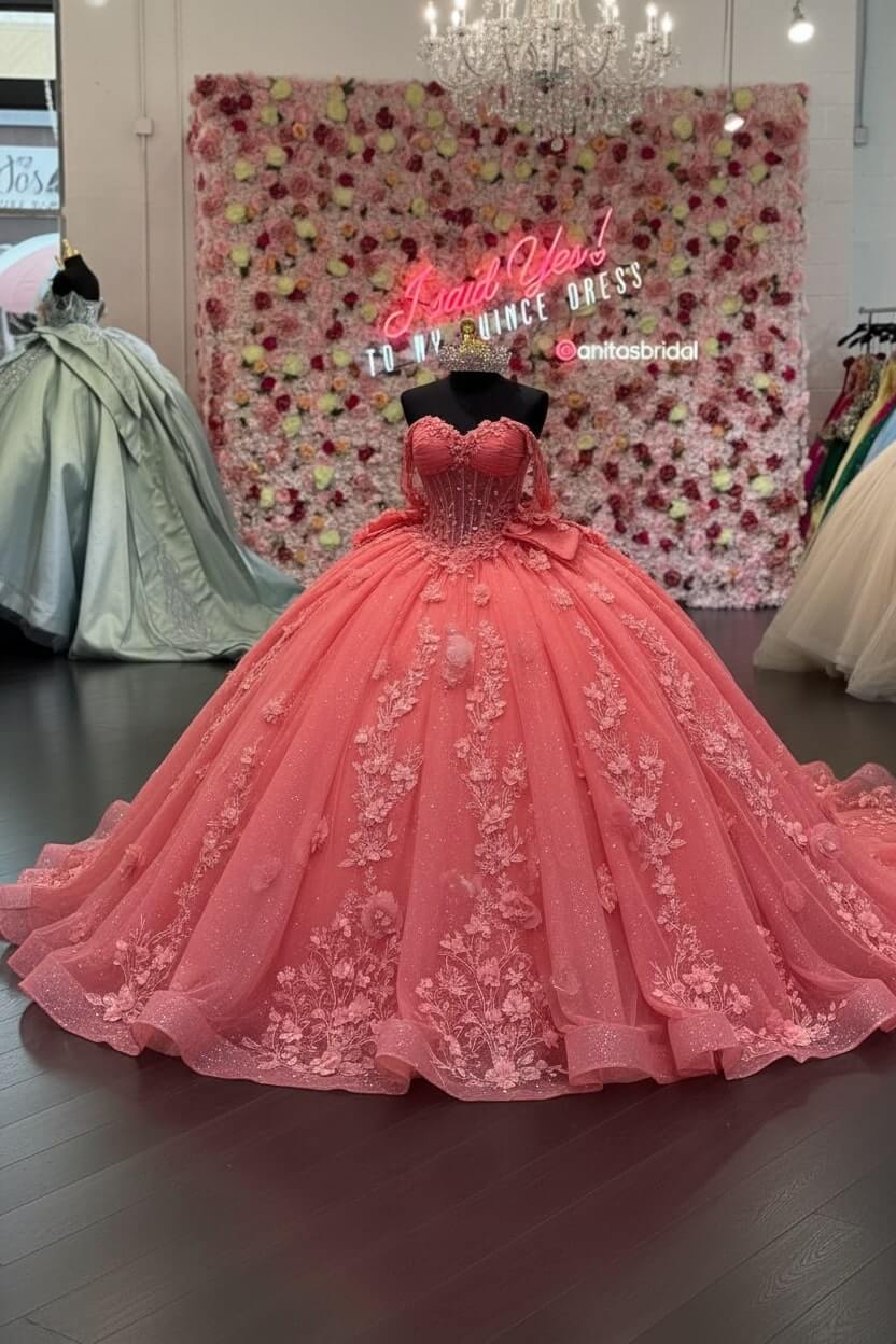 Ball Gown Off Shoulder Sleeveless Pleated 3D Flowers Applique Bow Knot Sparkly Pink Tulle Quinceanera Dress Birthday Party Dress Evening Formal Gown For Sweet 16