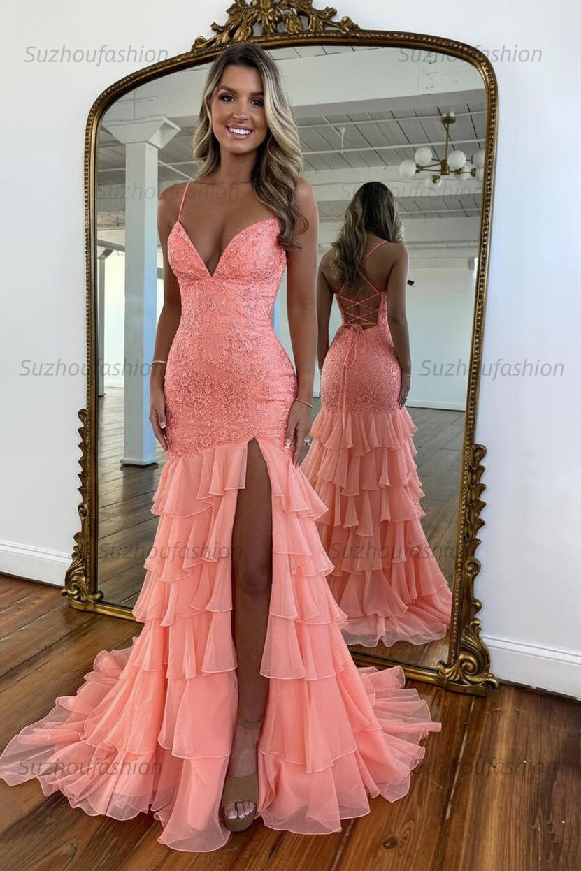 Suzhoufashion Mermaid Spaghetti Straps Lace Up Long Prom Dress With Ruffle Skirt Formal Evening Gown
