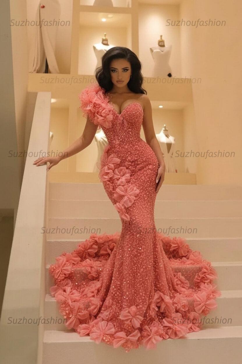 Burgundy One Shoulder Prom Dress Mermaid Sequined Formal Evening Dress with 3D Flowers