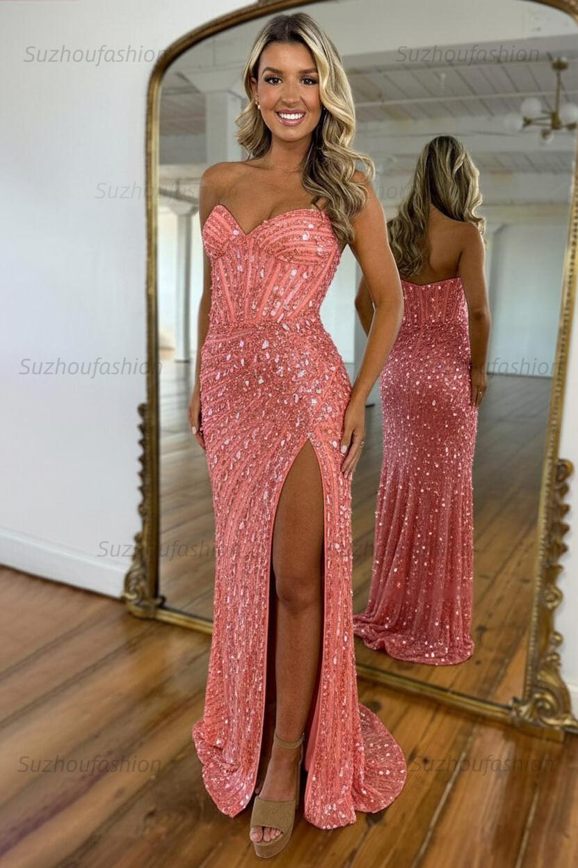 Sequined Prom Dress Sweetheart Mermaid With High Slit Skirt Formal Evening Gown