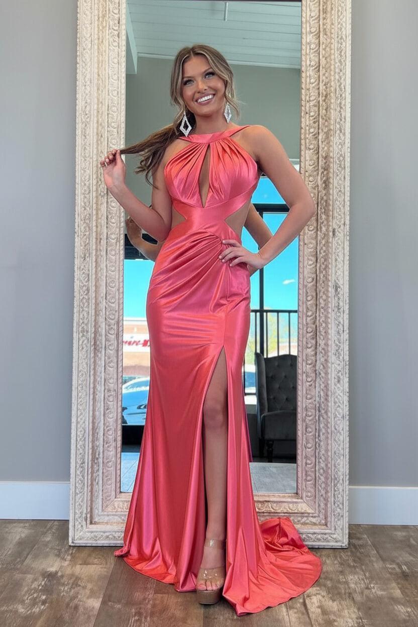 Suzhoufashion Stylish Fuchsia Metallic Mermaid Prom Dress With Slit And Open Back Formal Evening Gown