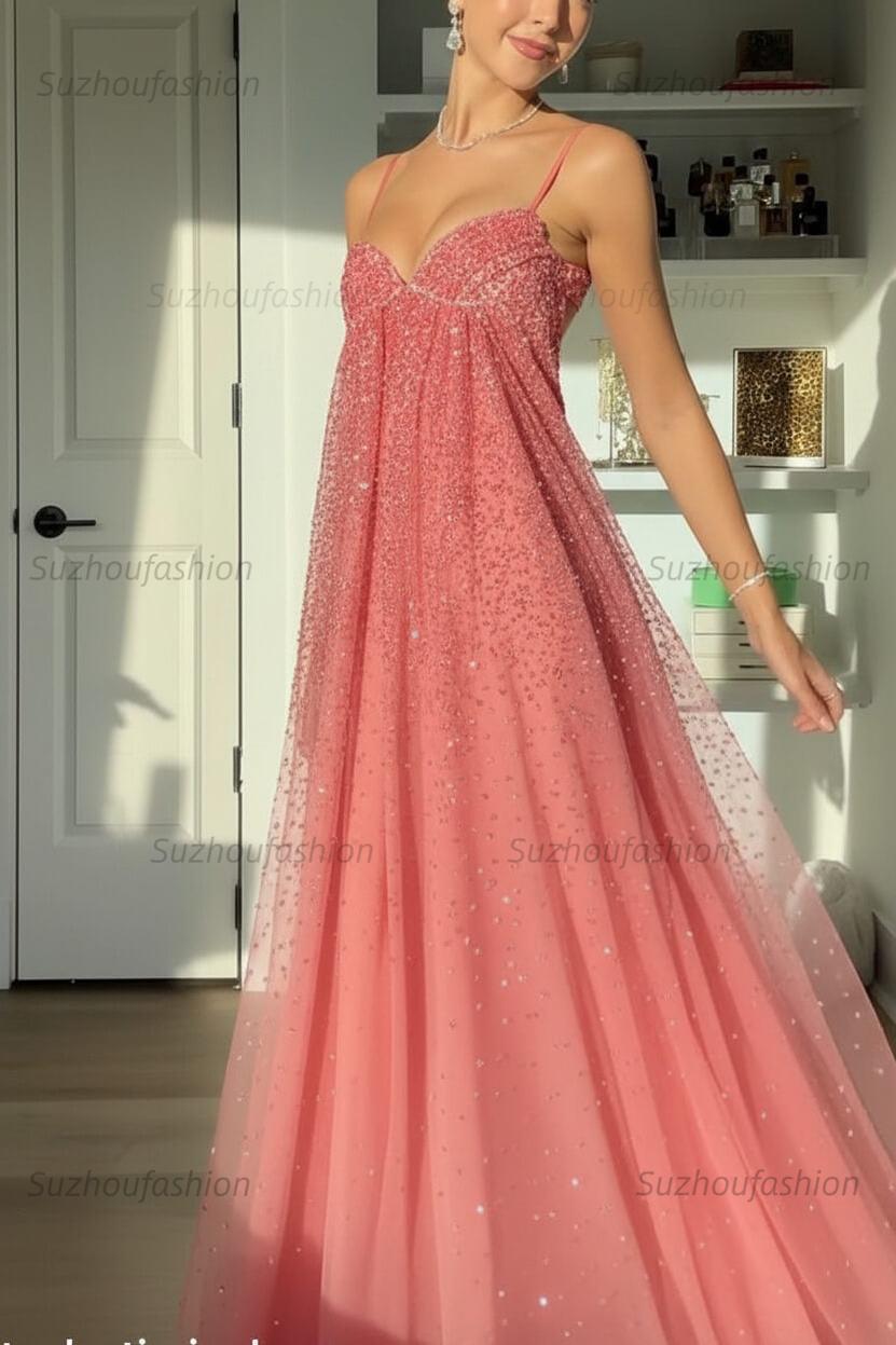 Suzhoufashion Bling A Line Spaghetti Straps Grey Blue Long Party Dress With Beading Formal Evening Gown
