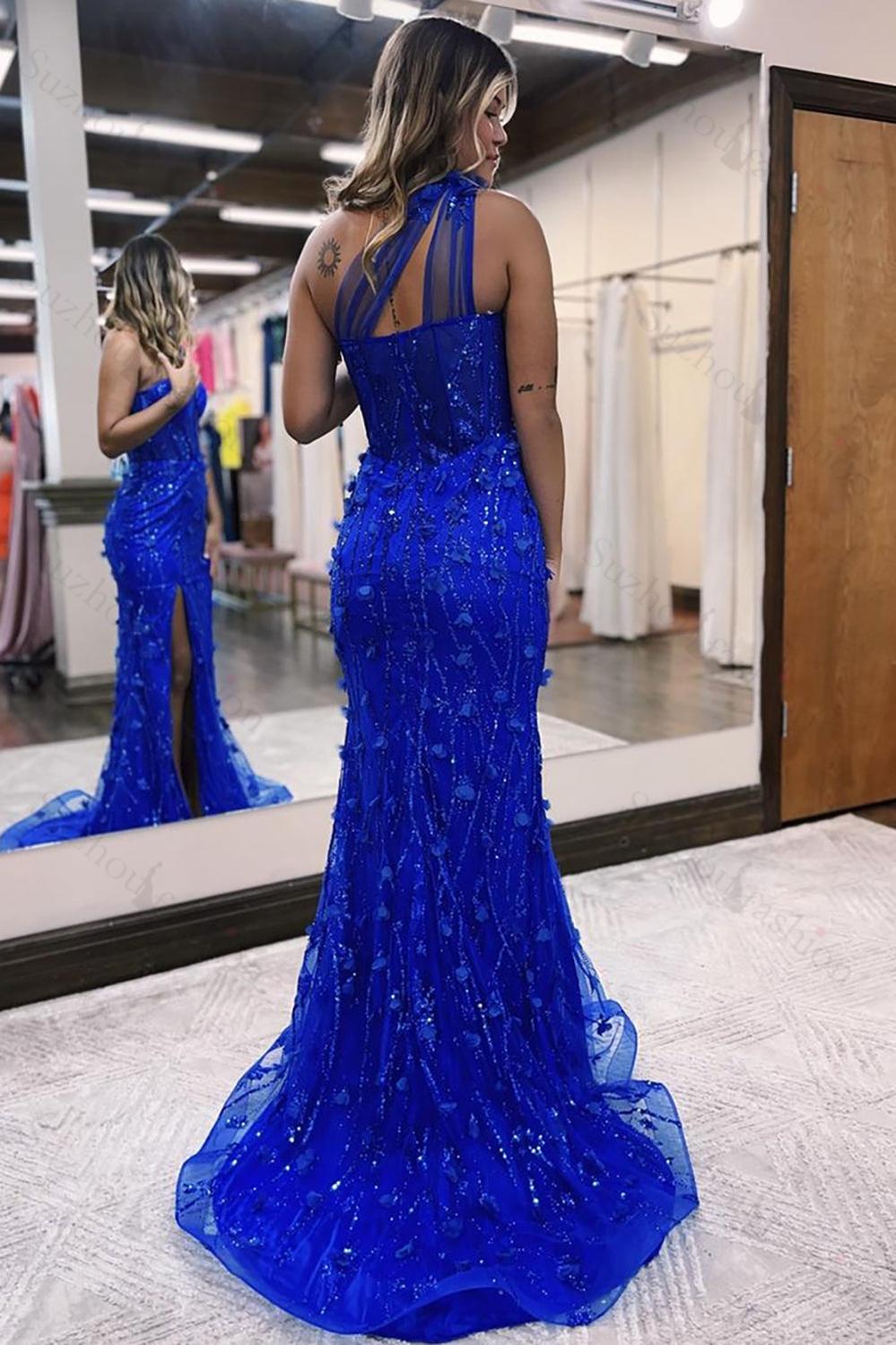 Corset Long Royal Blue Prom Dress Mermaid One Shoulder Formal Dress With Slit