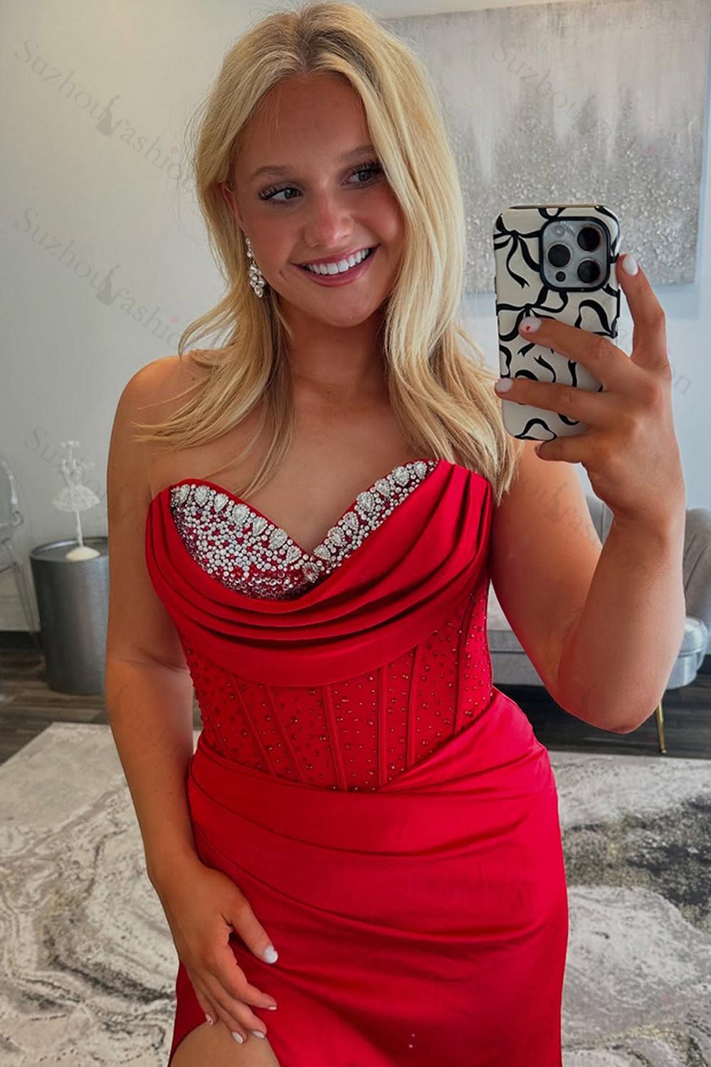 Corset Red Prom Dress Sweetheart Formal Dress With Beadings