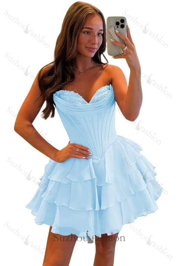 Fuchsia A Line Homecoming Dresses Corset Short Cocktail Dresses With Ruffles