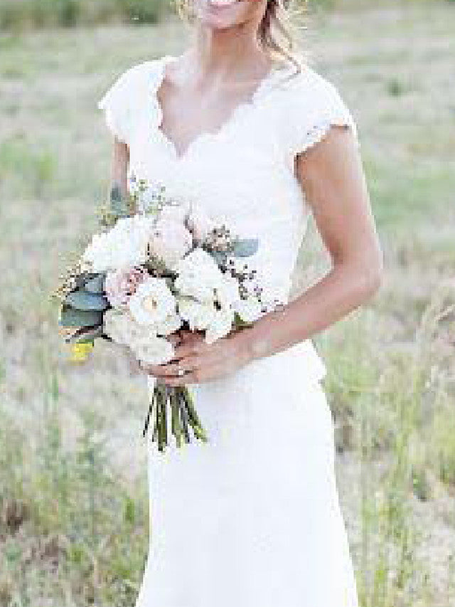 Country A-Line Beach Wedding Dresses V-Neck Lace Tulle Cap Sleeve Plus Size Bridal Gowns with Sweep Train