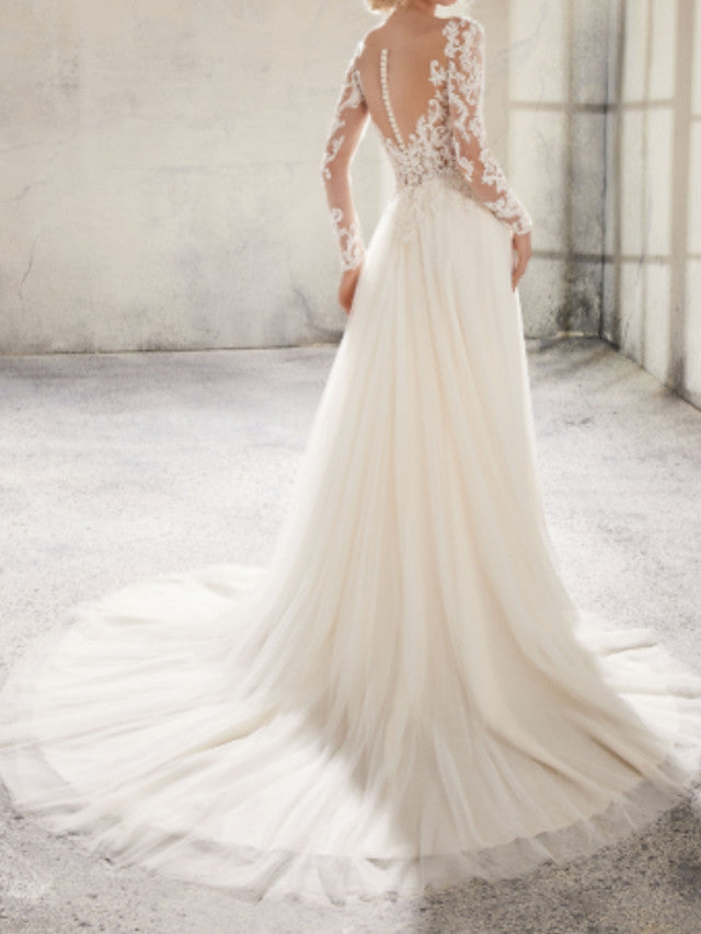 Country A-Line Wedding Dress Jewel Lace Tulle Long Sleeve Plus Size Bridal Gowns Sweep Train