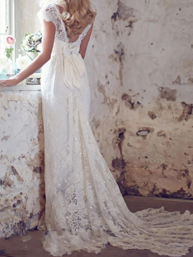 Country Mermaid Beach Wedding Dress V-Neck Lace Short Sleeve Plus Size Bridal Gowns Court Train