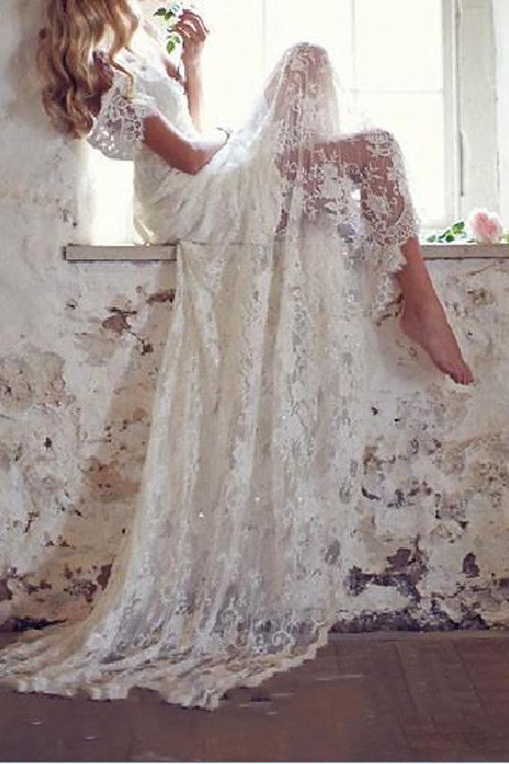 Country Mermaid Beach Wedding Dress V-Neck Lace Short Sleeve Plus Size Bridal Gowns Court Train