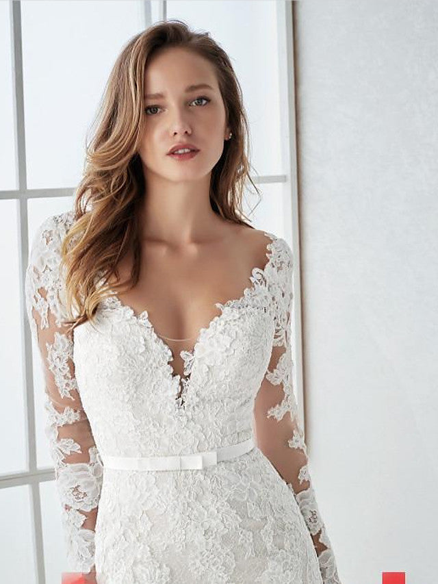 Country Mermaid Beach Wedding Dress V-Neck Lace Tulle Long Sleeves Bridal Gowns with Sweep Train