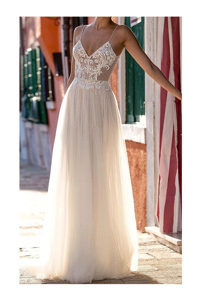 Country Plus Size A-Line Beach Wedding Dress Spaghetti Strap Sleeveless Bridal Gowns On Sale
