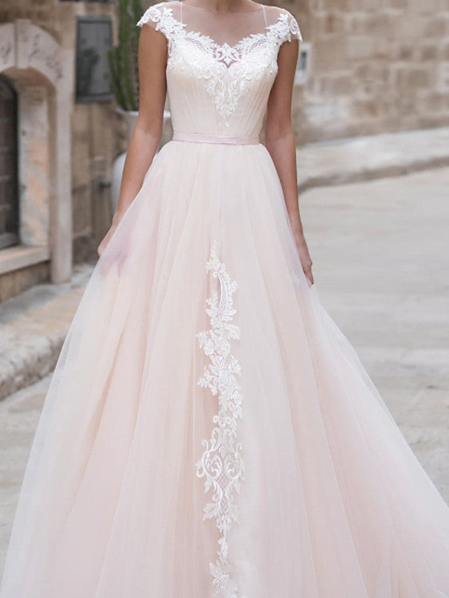 Country Plus Size A-Line Wedding Dress Jewel Lace Taffeta Chiffon Short Sleeve Bridal Gowns with Sweep Train