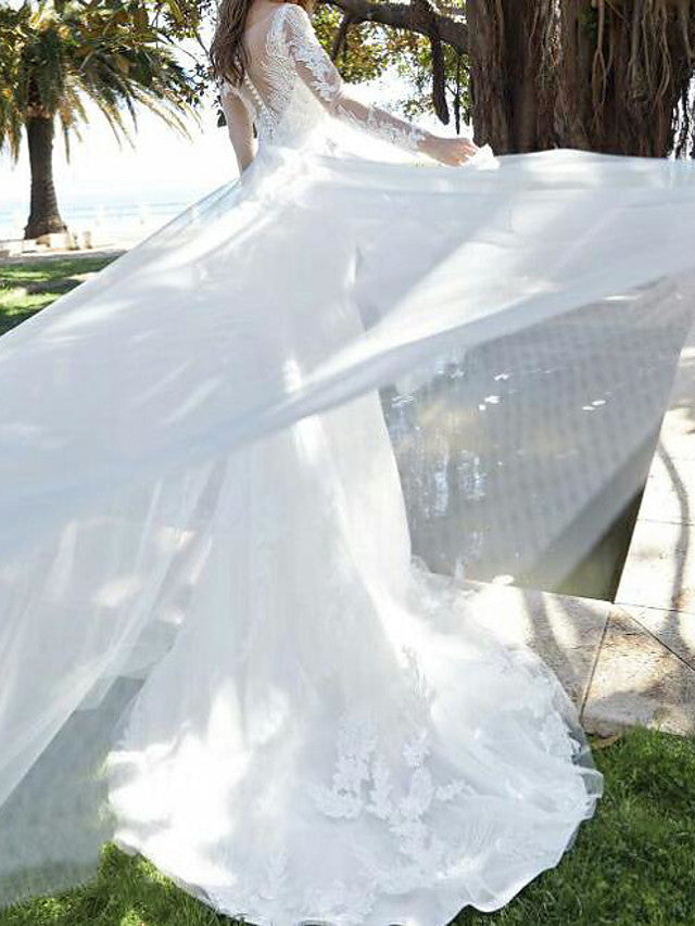Country Plus Size A-Line Wedding Dress Jewel Tulle Long Sleeve Bridal Gowns with Court Train