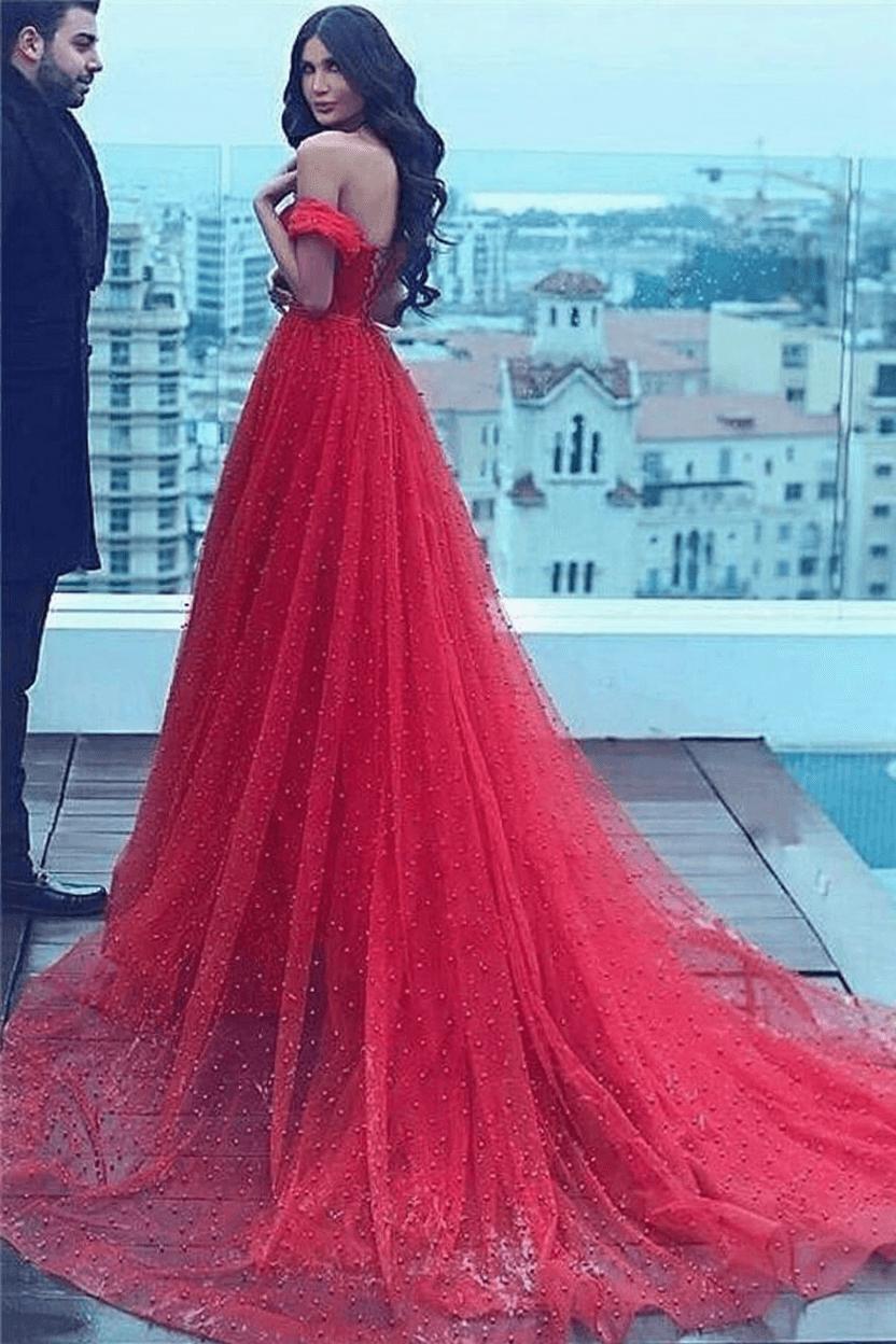 Court-Train Amazing Beading A-line Red Off-the-shoulder Sweetheart Evening Dress