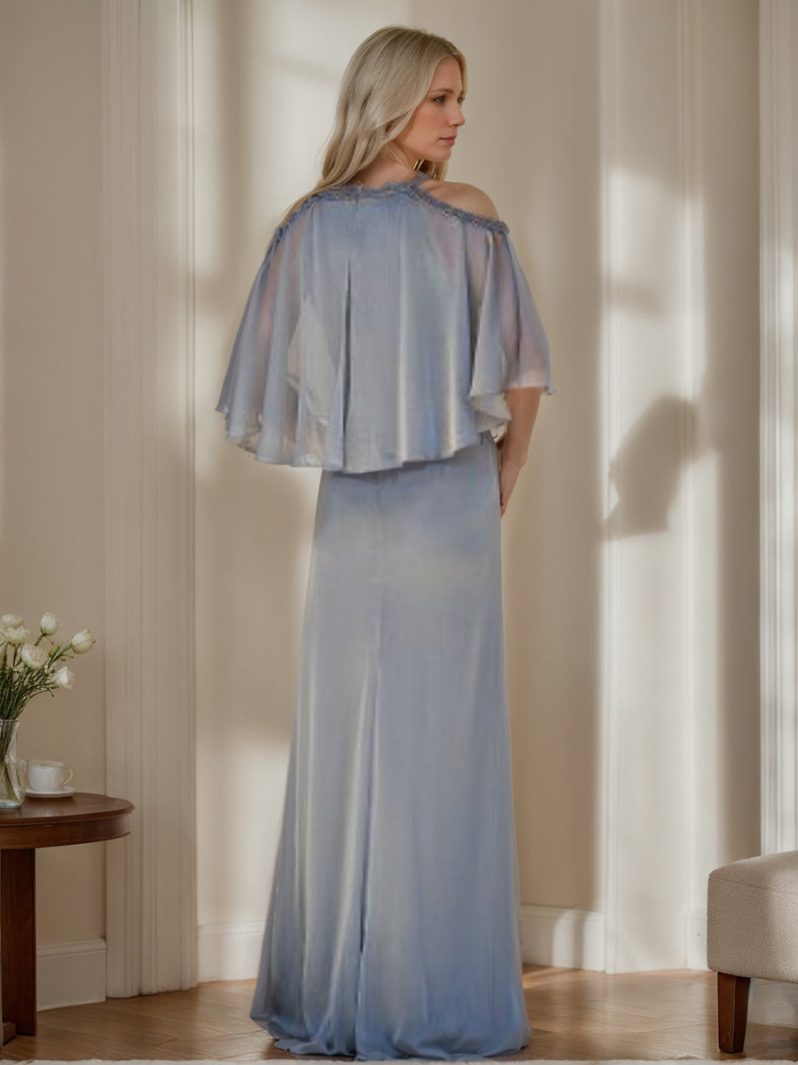 Cowl Neck Half Sleeve Sheath Column Mother of the Bride Dress with Ruffles and Beadings