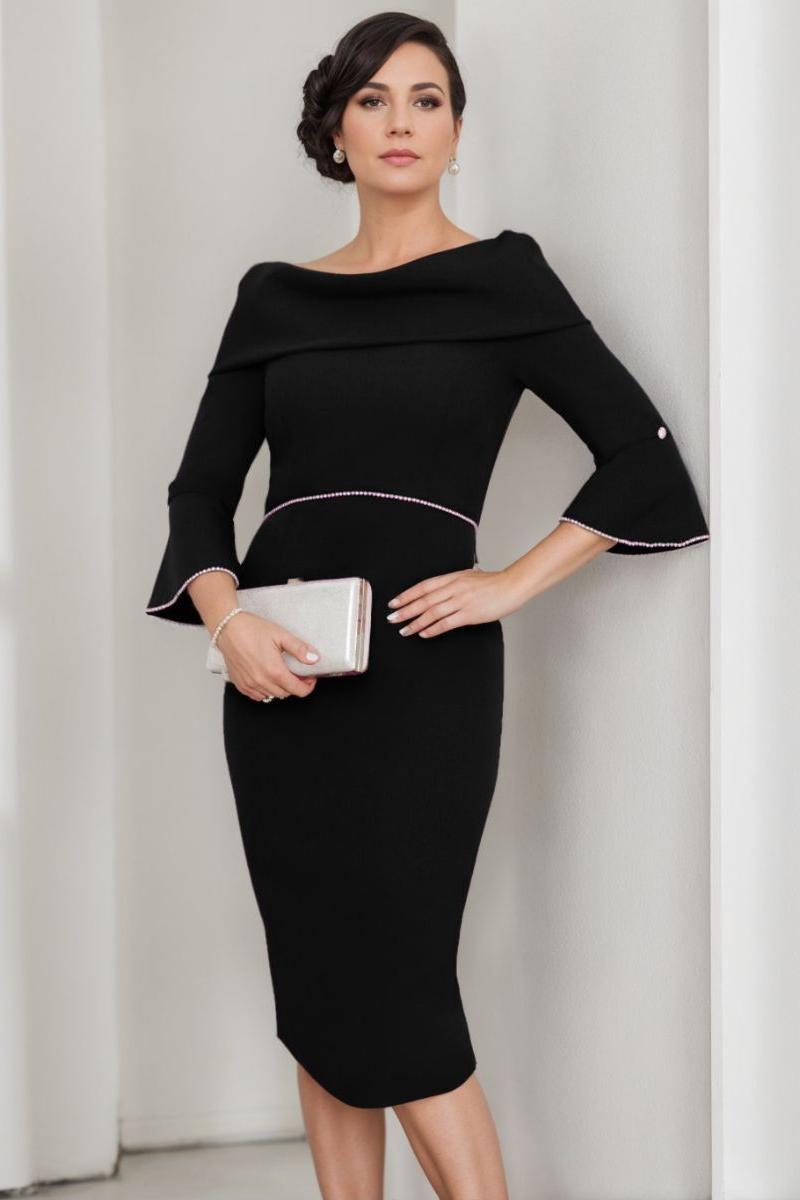Cowl Neck Sheath Column Dress with 3/4 Sleeves and Pearl Details for Mothers of the Bride & Groom