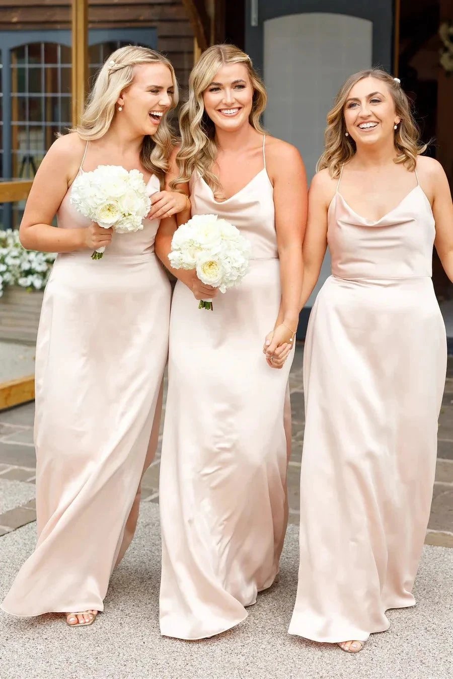 Cowl Neck Spaghetti Strap Champagne Bridesmaid Dress (ZD12833)