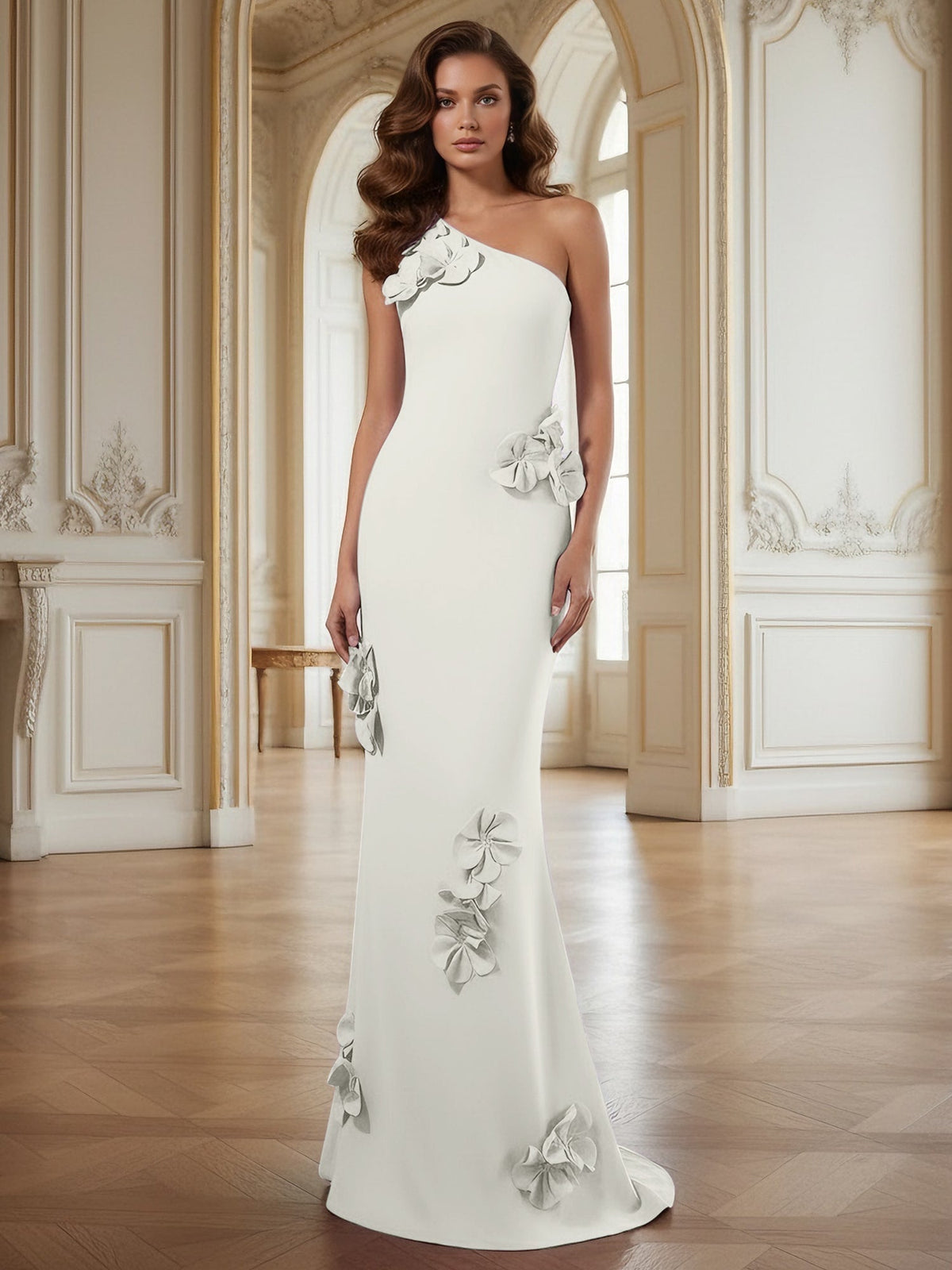 Cream One-Shoulder Prom Dress with Sculptural 3D Floral Appliqu�s - VelvetHem