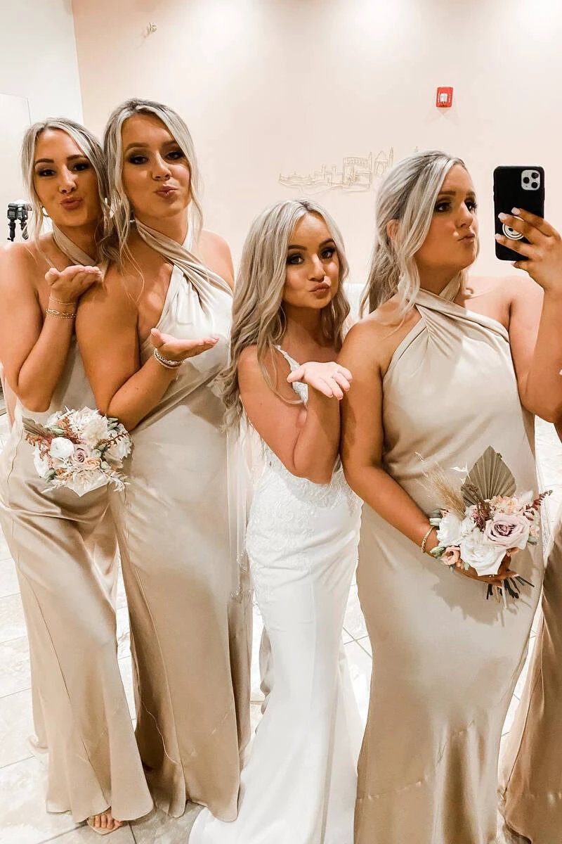 Cross Front Halter Champagne Floor Length Bridesmaid Dress (ZD13271) - VelvetHem