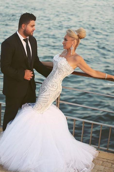 Crystal Beading Mermaid Tulle Wedding Dress with Detachable Train Luxurious Sweep Train Bridal Gowns MH045