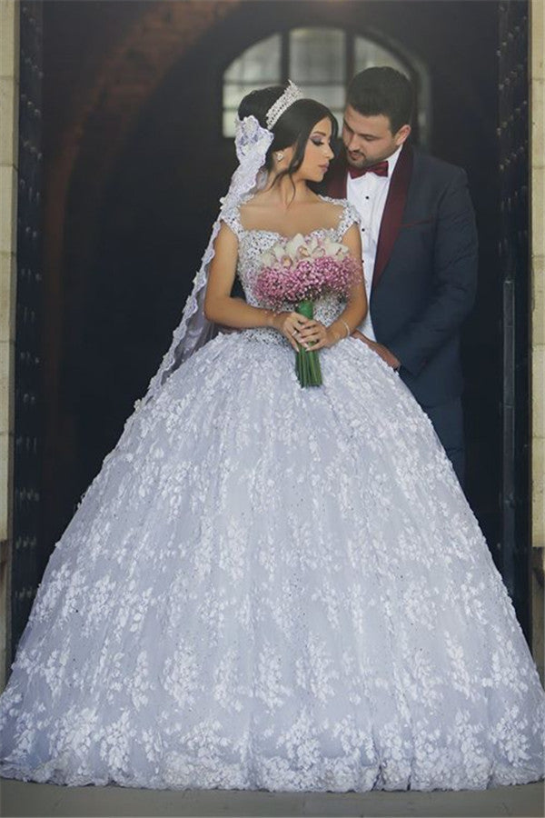 Crystal Lace Ball Gown Wedding Dresses Court Train Beading Bridal Gowns MH068