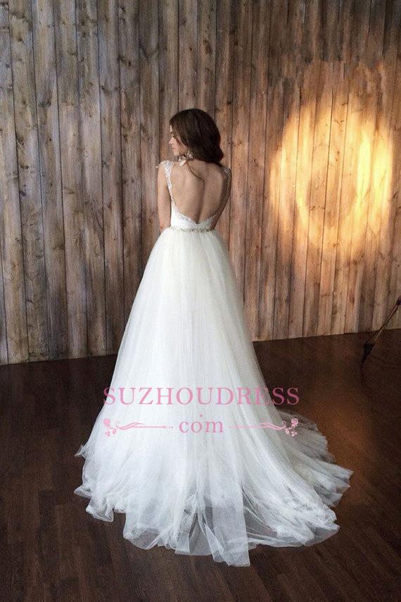 Crystals Overskirt Tulle V-neck Detachable Bridal Dresses Cap Sleeve Belt Wedding Dresses