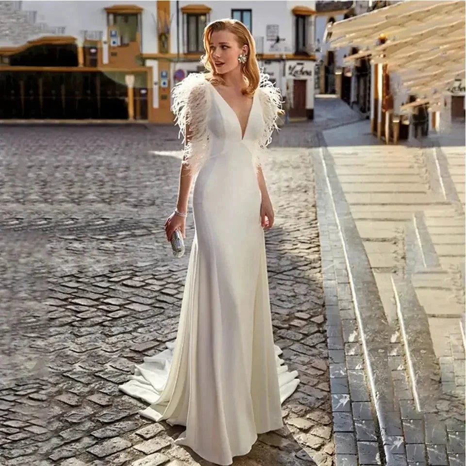 Custom Made Feather Mermaid Elegant V-neck Sleeveless Stain Wedding Dress Vestido De Novia Bridal Gown For Women by payinti