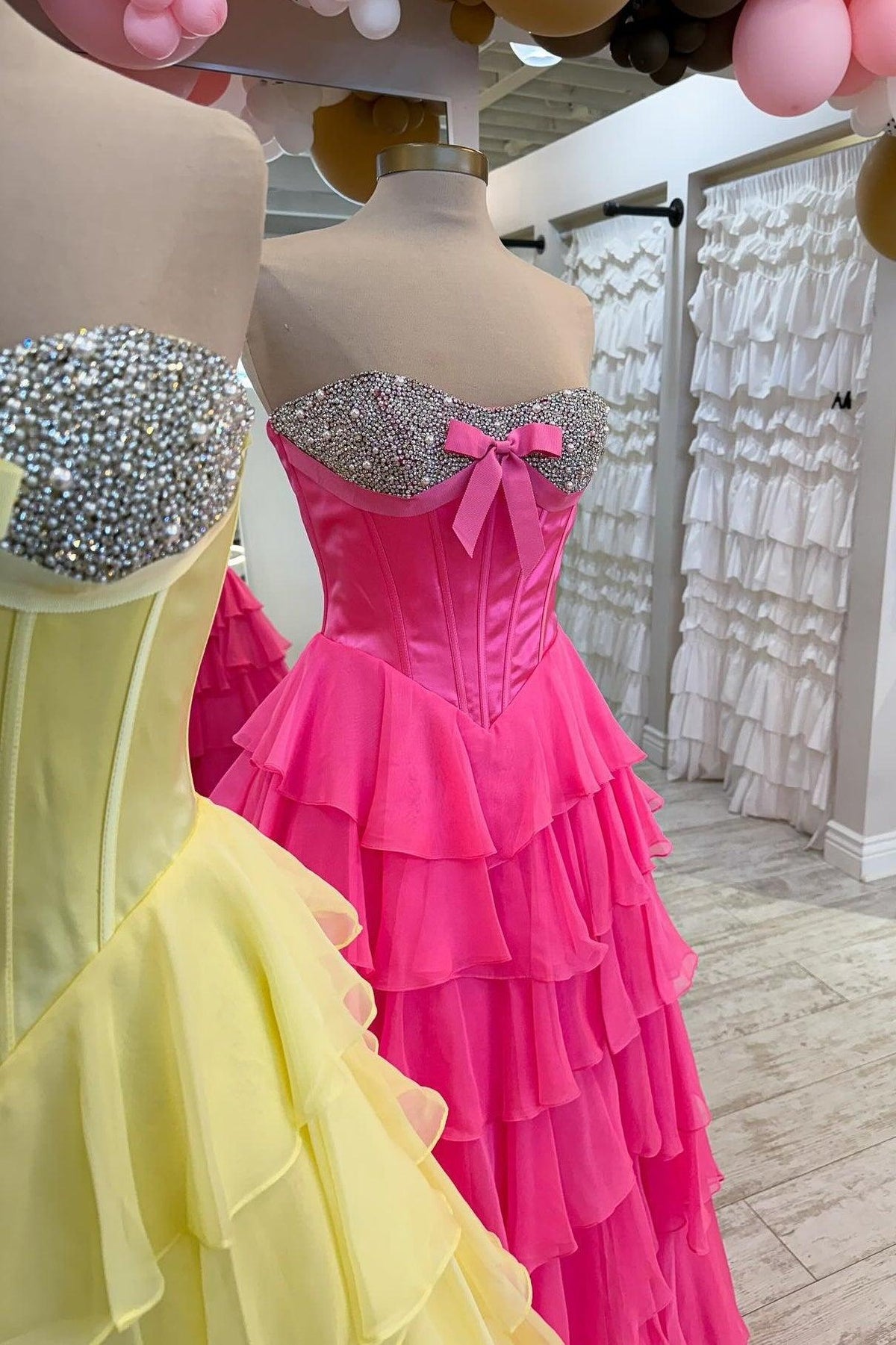 A Line Sweetheart Yellow Corset Prom Dress With Beading Ruffles Formal Evening Gown