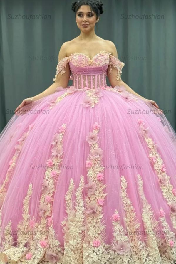 Cute Ball Gown Off Shoulder Beaded Pleated Gold Appliques Detachable Ruffles 3D Flower Sparkly Pink Tulle Quinceanera Dress Birthday Party Formal Dress For Sweet 16