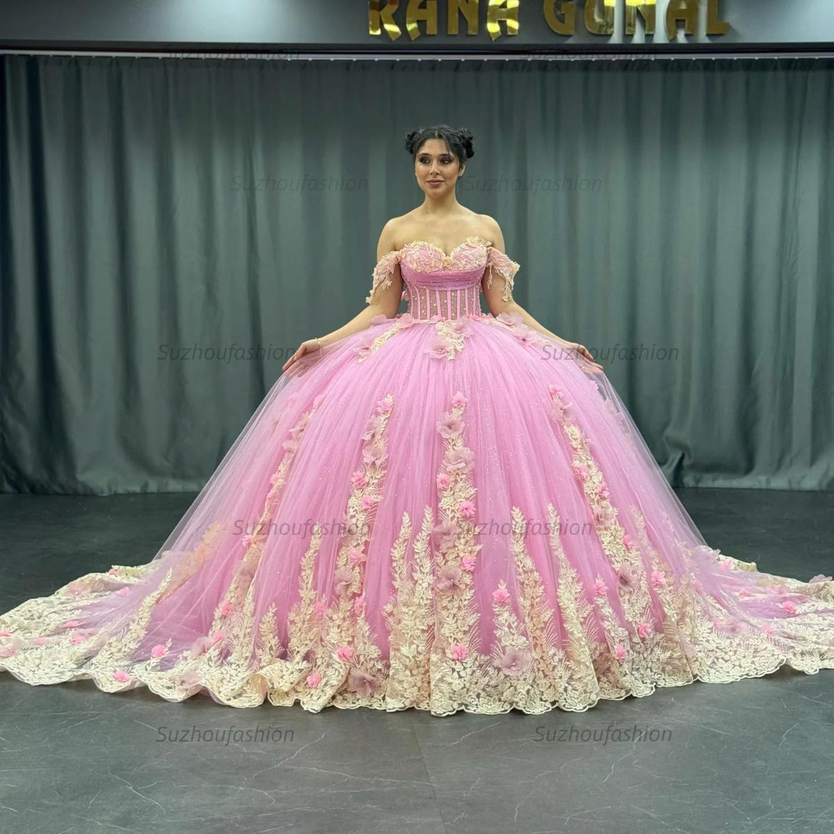 Cute Ball Gown Off Shoulder Beaded Pleated Gold Appliques Detachable Ruffles 3D Flower Sparkly Pink Tulle Quinceanera Dress Birthday Party Formal Dress For Sweet 16