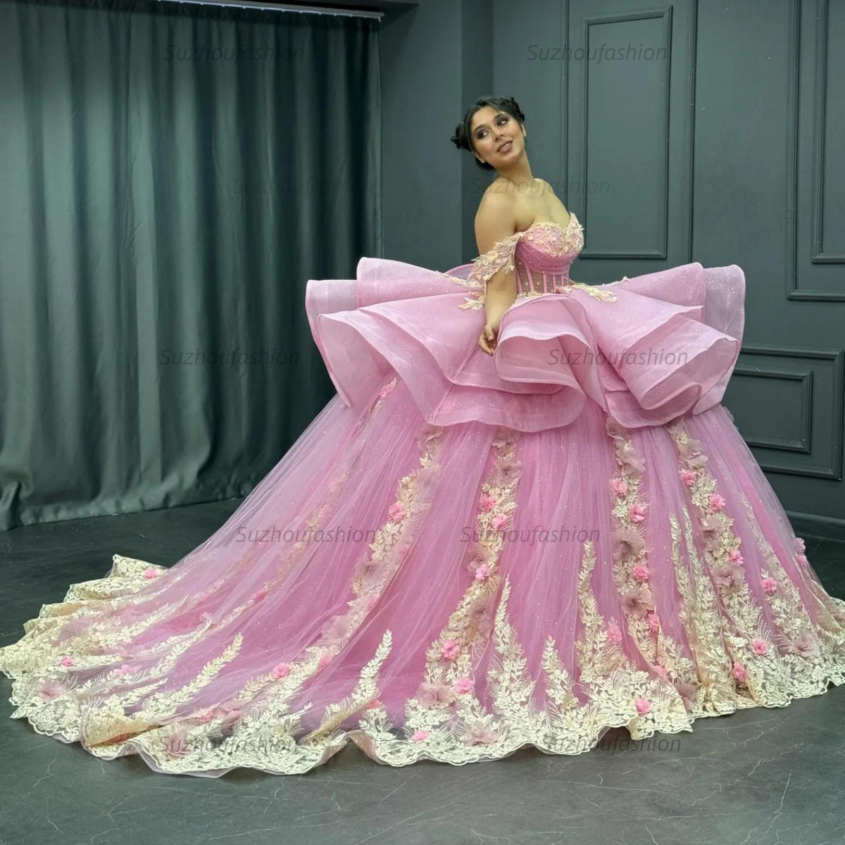 Cute Ball Gown Off Shoulder Beaded Pleated Gold Appliques Detachable Ruffles 3D Flower Sparkly Pink Tulle Quinceanera Dress Birthday Party Formal Dress For Sweet 16
