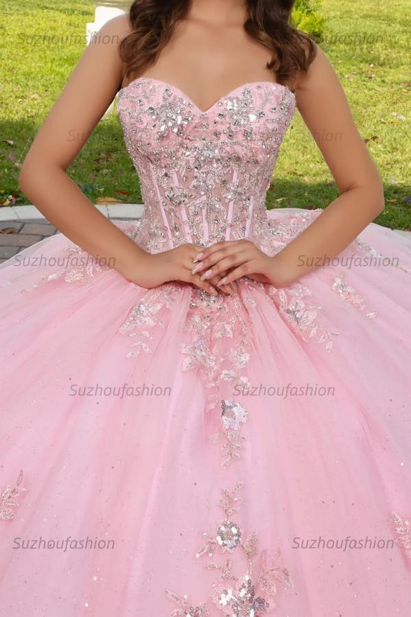 Cute & Chic Ball Gown Off Shoulder Sleeveless Beaded Sequins Appliques Pink Tulle Quinceanera Dress Birthday Party Dress For Sweet 16