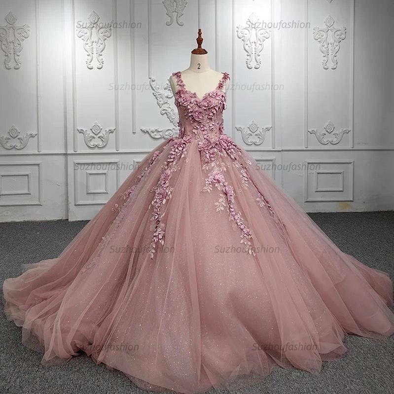 Cute & Chic Ball Gown Off Shoulder Straps 3D Flower Lace Appliques Rose Pink Tulle Quinceanera Dress For Sweet 16