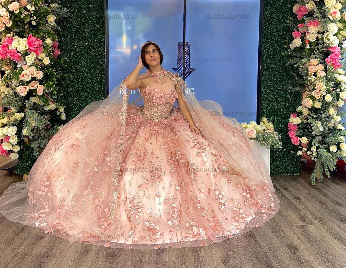 Cute & Chic Ball Gown Strapless Cape 3D Floral Appliques Beaded Rose Pink Tulle Quinceanera Dress For Sweet 16