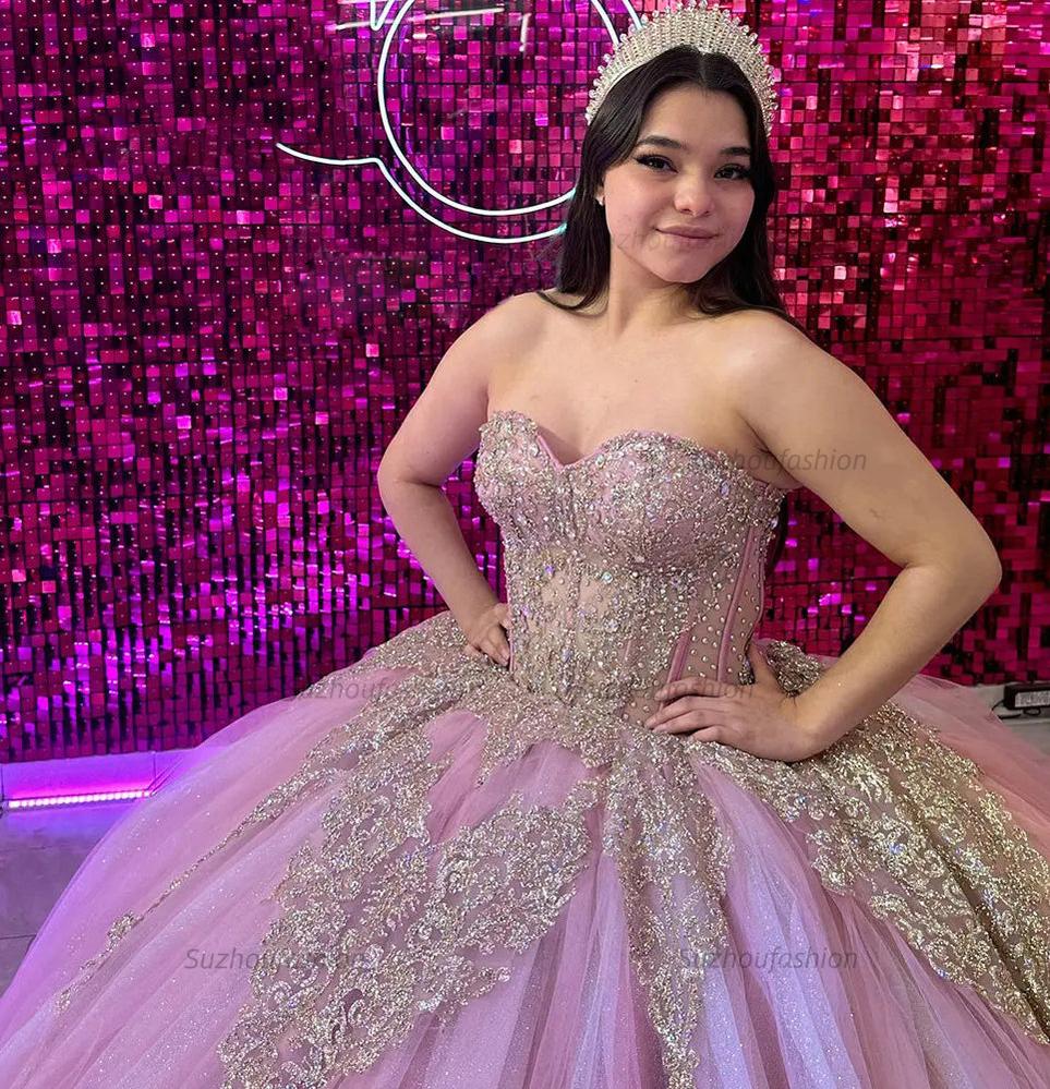 Cute & Chic Ball Gown Strapless Lace Appliques Beaded Pink Tulle Quinceanera Dress Princess Formal Evening Party Gown For Sweet 16
