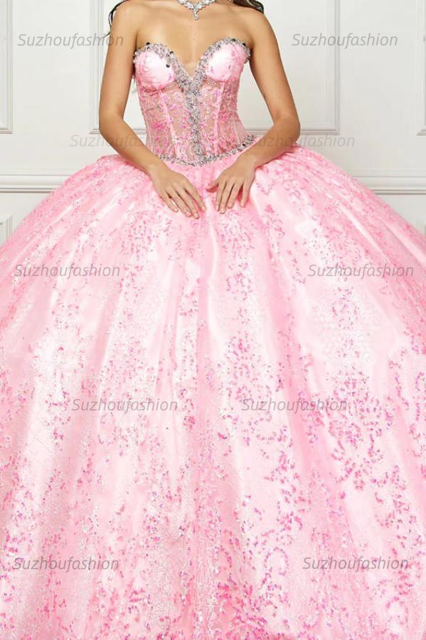 Cute & Modern Ball Gown Sweetheart Neck Sleeveless Beaded Sequins Appliques Pink Tulle Quinceanera Dress Birthday Party Dress For Sweet 16