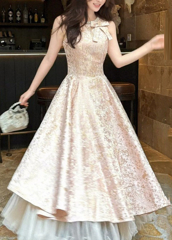 Cute Pink O-Neck Bow Patchwork Maxi Dresses Summer