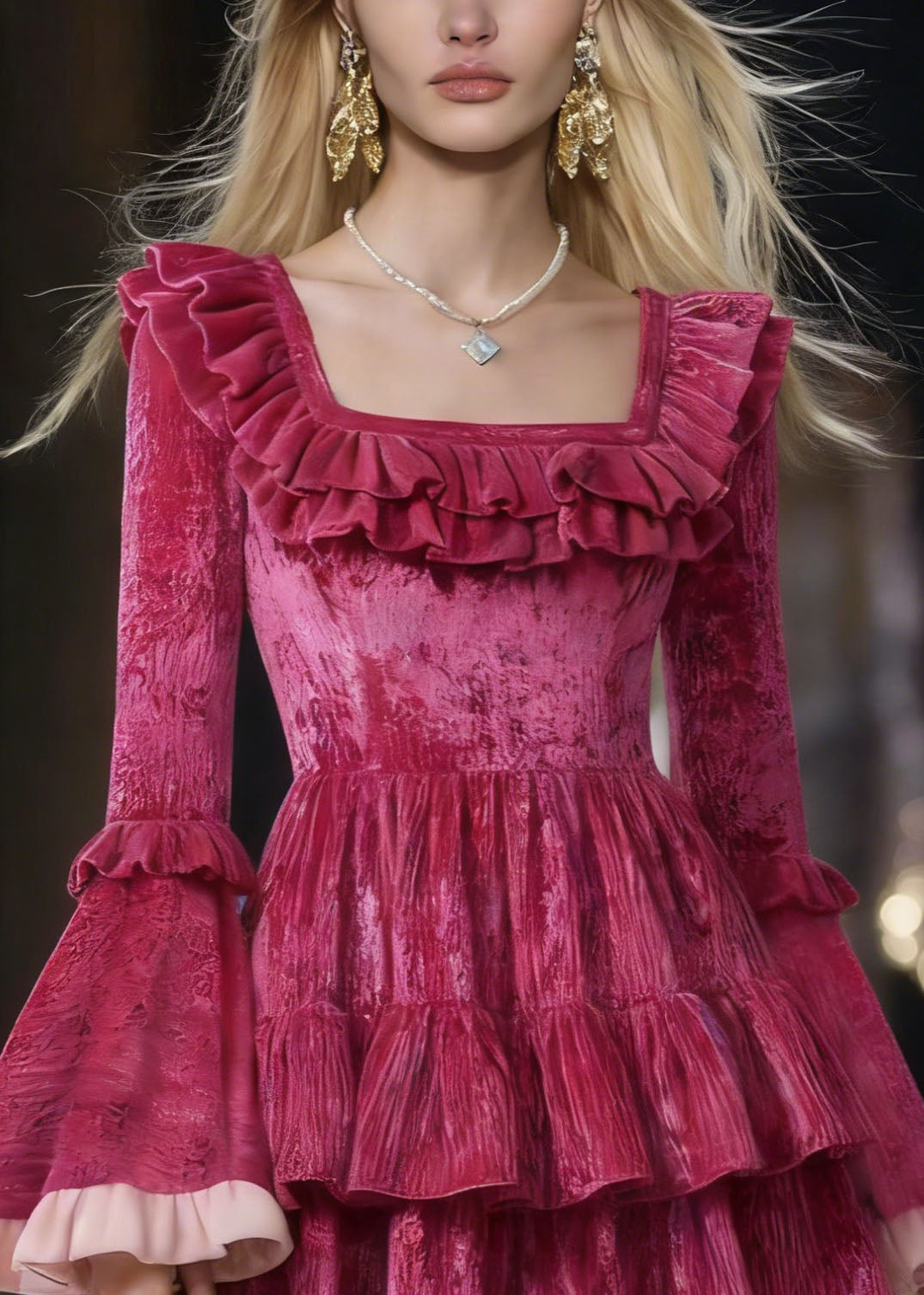 Cute Rose Square Collar Ruffled Patchwork Mini Dresses Flare Sleeve