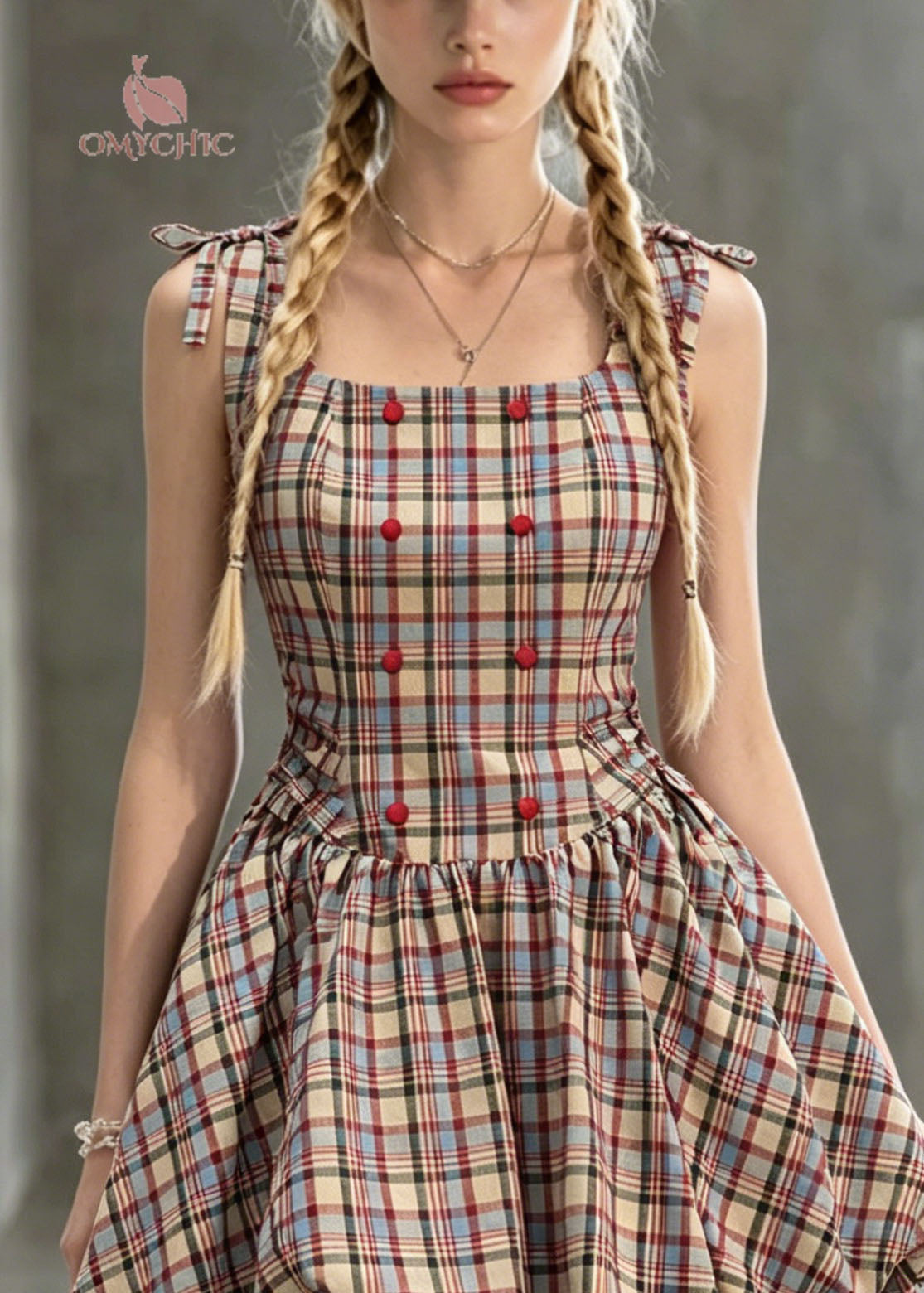Cute Square Collar Plaid Lace Up Cotton Mini Dress Summer