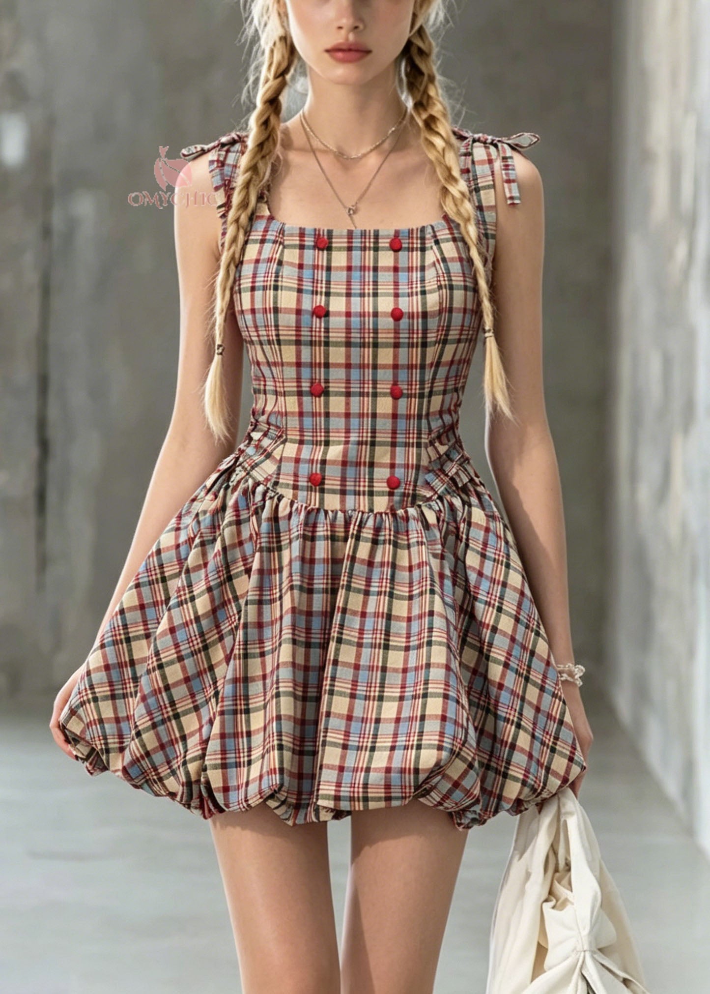 Cute Square Collar Plaid Lace Up Cotton Mini Dress Summer