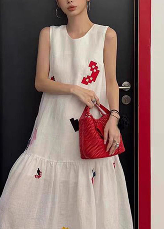Cute White O-Neck Print Long Dress Sleeveless
