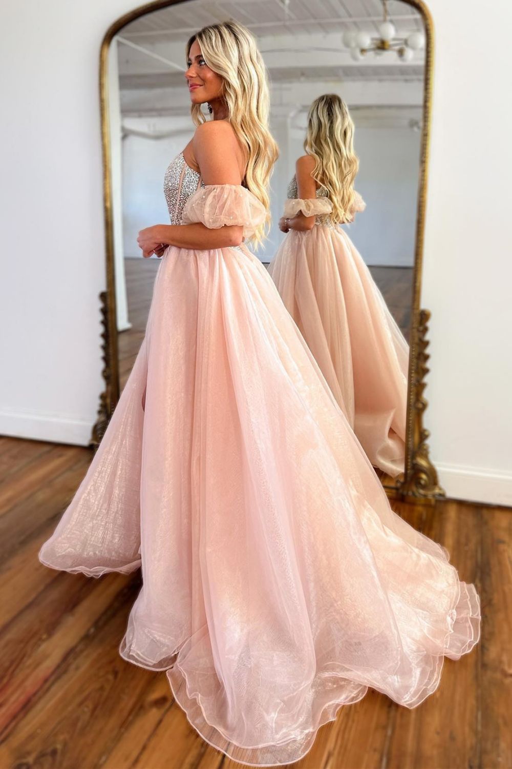 Cute A-Line Strapless Long Tulle Prom Dress With Split And Beading - View 3 | VelvetHem