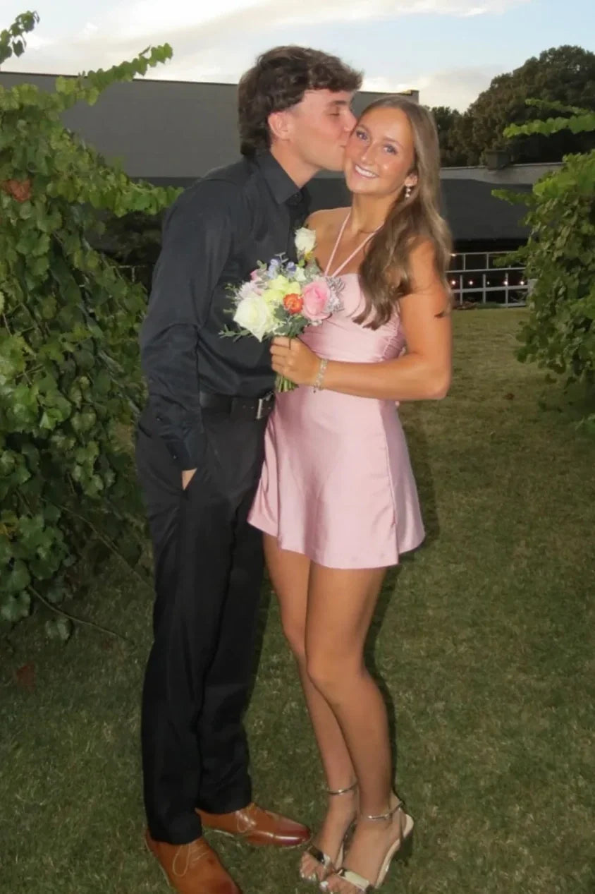 Cute A Line Halter Neck Light Pink Short Homecoming Dress with Ruched