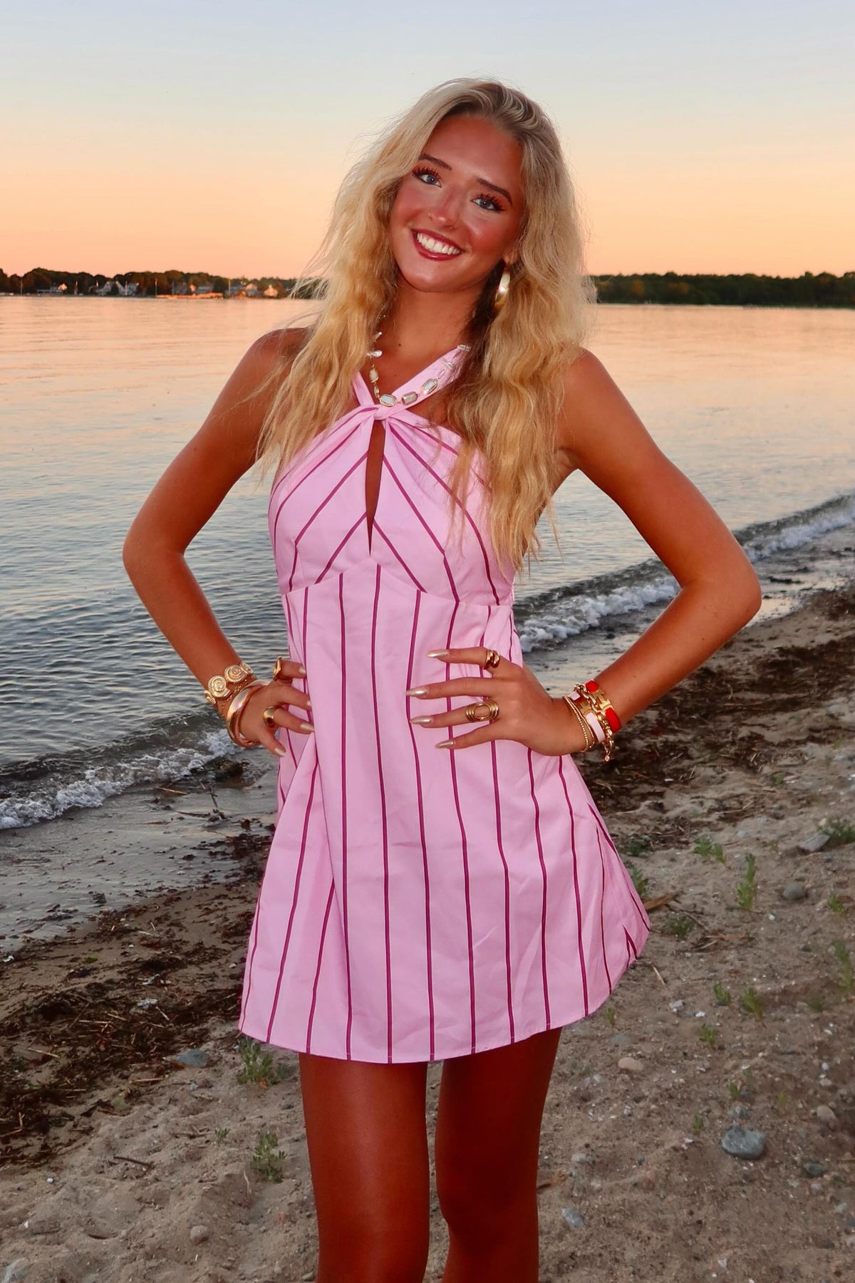 Cute A Line Halter Neck Pink Short Homecoming Dress with Keyhole