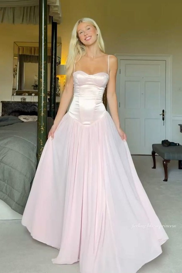 Cute A Line Spaghetti Straps Light Pink Long Prom Dress with Ruffles - VelvetHem